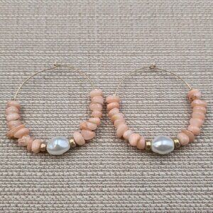 Gold Plated Peach Shell And Faux Pearl Large Hoop Earrings B970